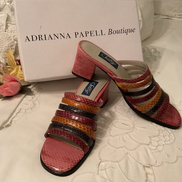 SELBY LEATHER LOOKS LIKE NEW MULTI COLOR BLOCK HEEL SANDALS, SIZE 7 NARROW - Picture 2 of 16